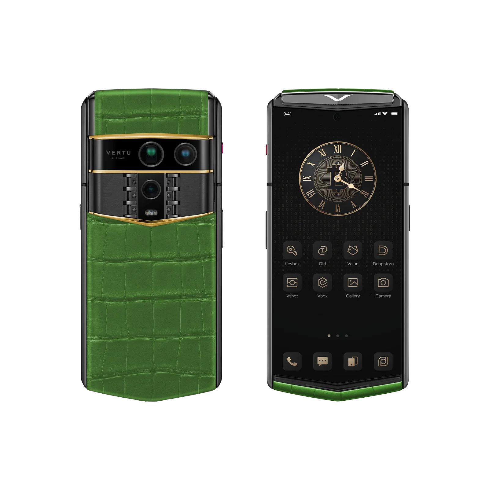 agent-q-bespoke-alligator-skin-bamboo-green-front-back-1 جوال فيرتو ايجنت كيو مخصص جلد التمساح أخضر الخيزران ذهبي V - Image 1