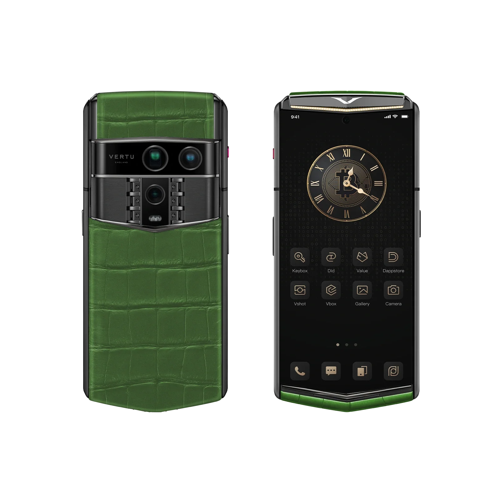 agent-q-bespoke-alligator-skin-bamboo-green-front-back-3 جوال فيرتو ايجنت كيو مخصص جلد التمساح أخضر الخيزران ذهبي I & ألماس - Image 1