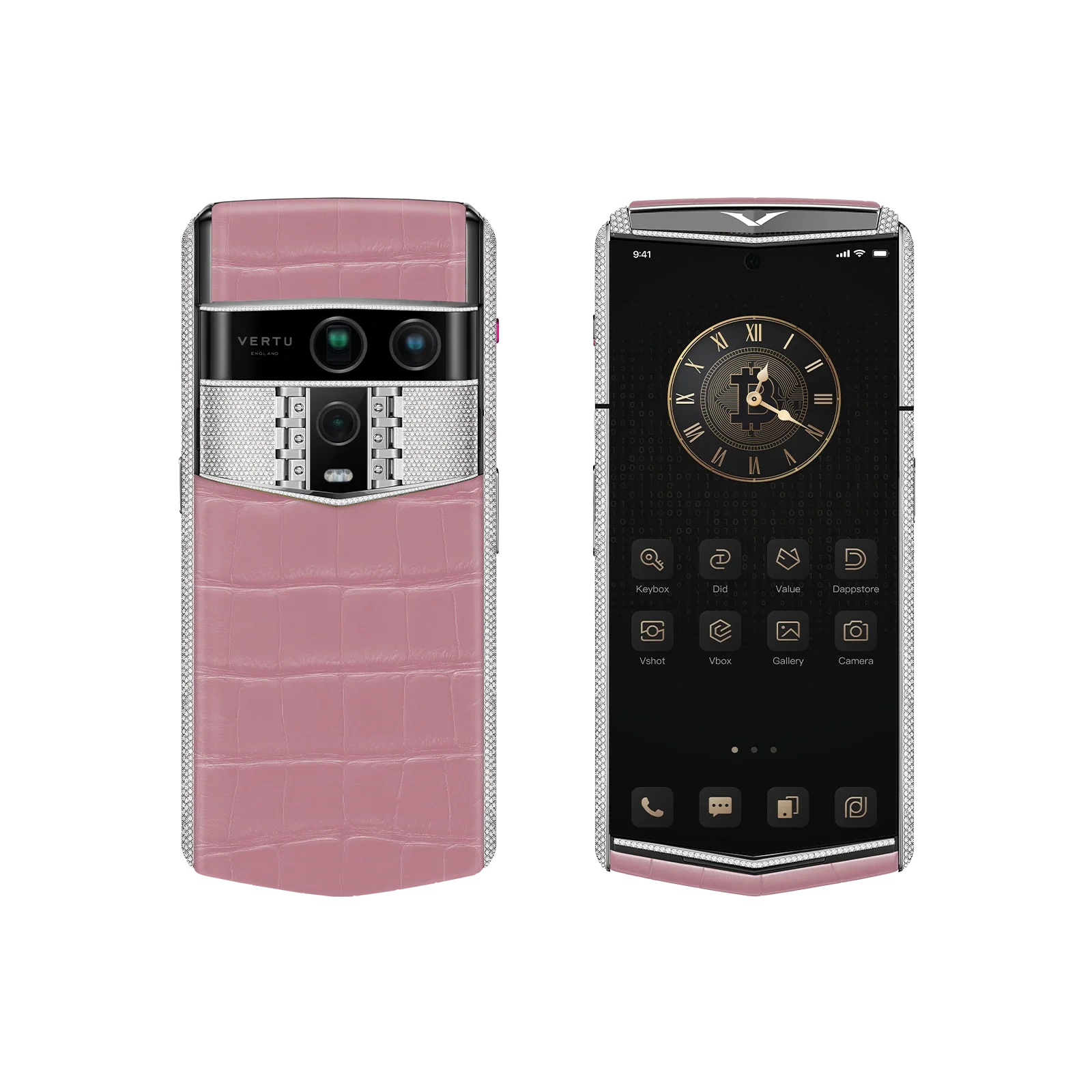 agent-q-bespoke-alligator-skin-sakura-pink-front-back-7 جوال فيرتو ايجنت كيو مخصص جلد التمساح وردي ساكورا ذهب أبيض & ألماس كامل - Image 1